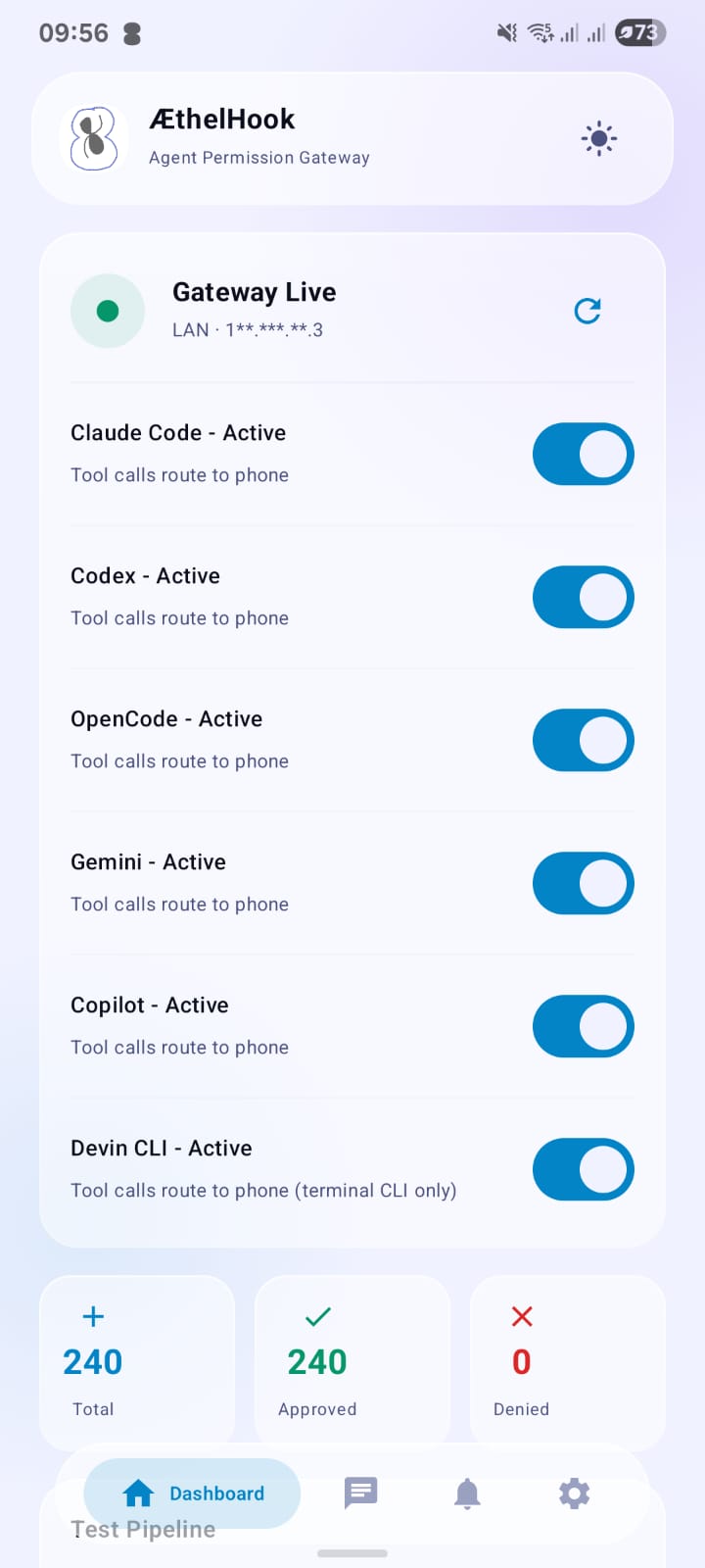AethelHook Android app dashboard showing gateway status and toggles for Claude Code, Codex, OpenCode, Gemini, Copilot, and Devin CLI, plus approval counts